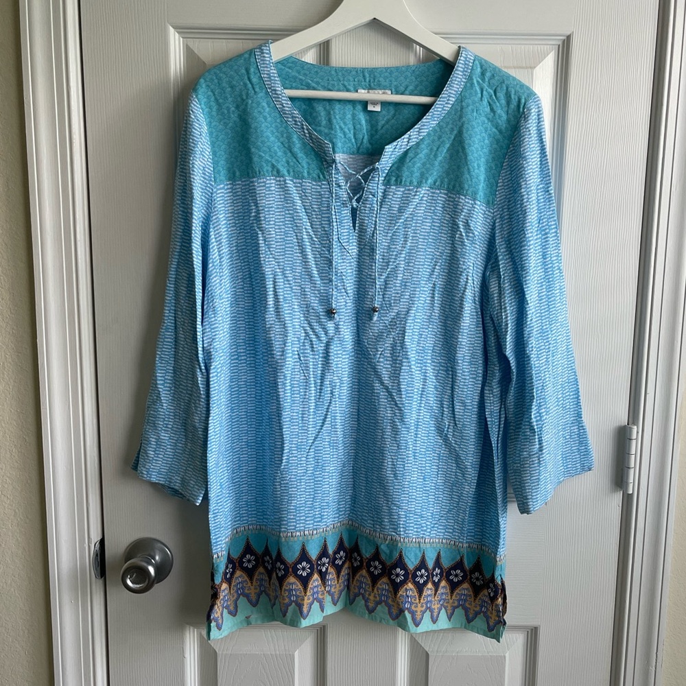 J. Jill Printed Lace Up Front Tunic Blouse Top - M